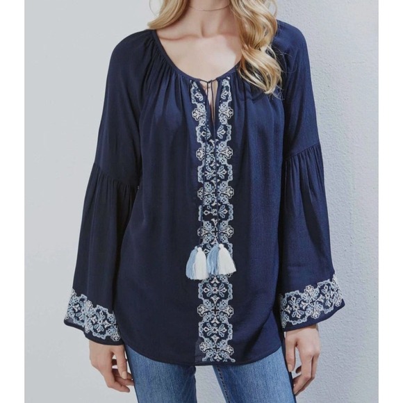 Karen Kane Embroidered Blouse XS Blue Tassel Bell Sleeve Boho Chic Earthy Hippie - Picture 1 of 11